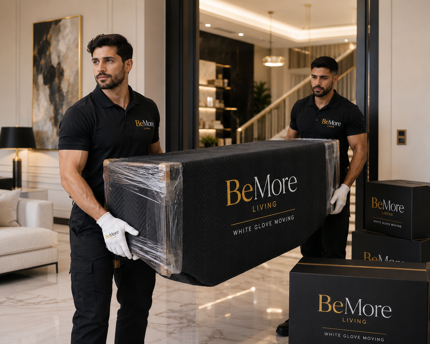 White-glove movers carrying a wrapped designer armchair through a Dubai lobby