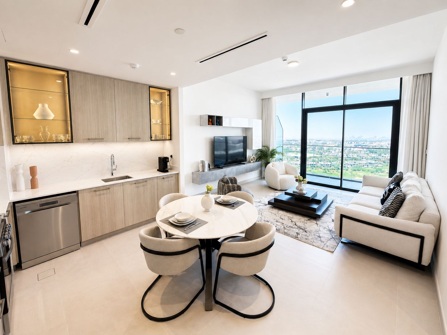 A composed Dubai living room — warm ivory tones, gold accents, soft natural light