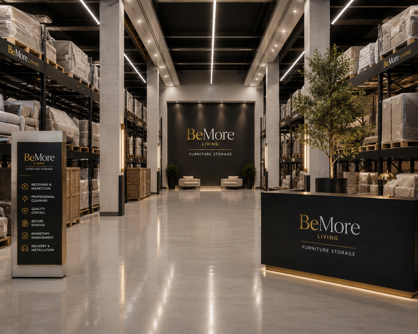 Premium BeMore warehouse interior with branded storage racks and polished concrete floors