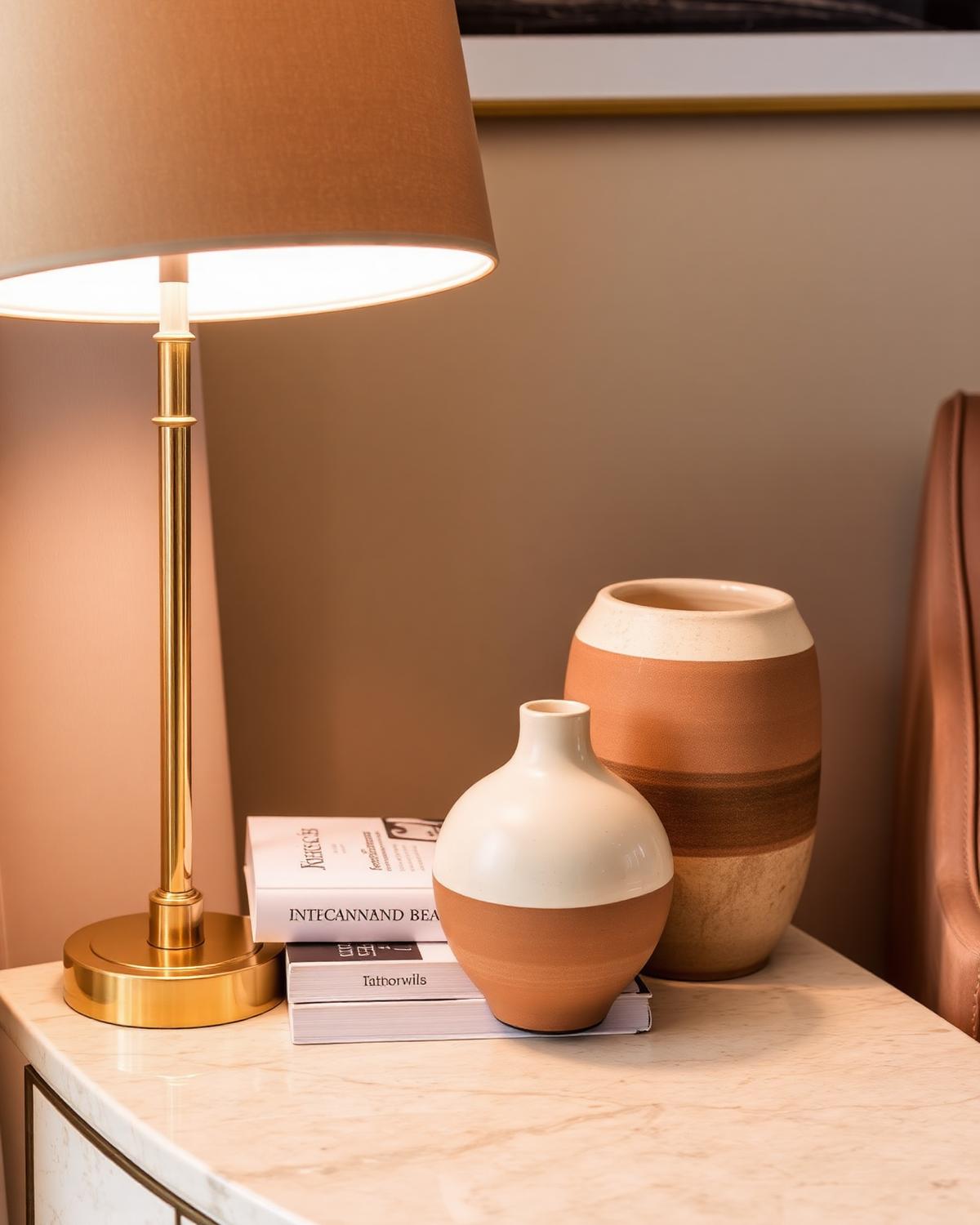 Detail: brass lamp and ceramic vases on marble console