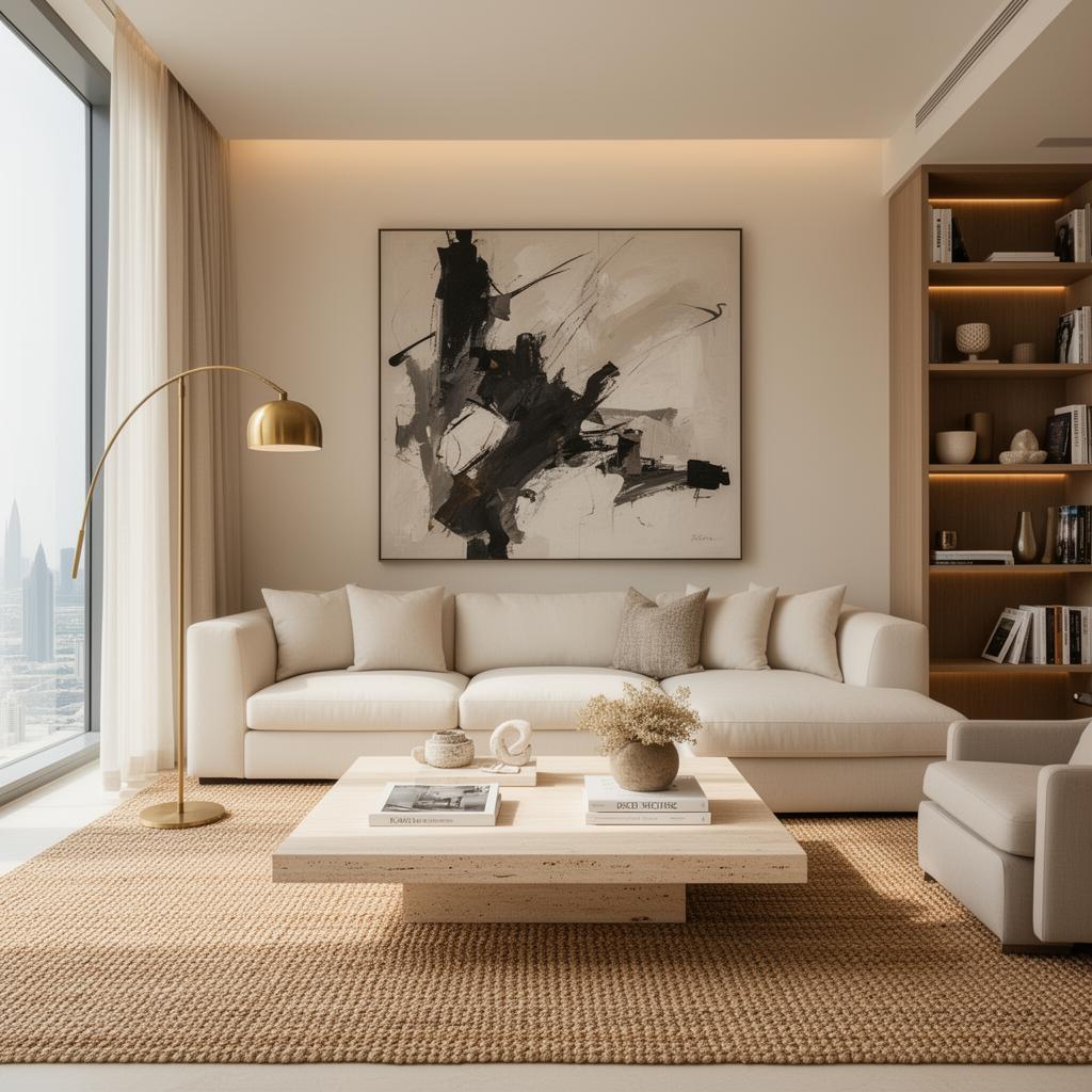Staged luxury living room with cream sofa and brass accents