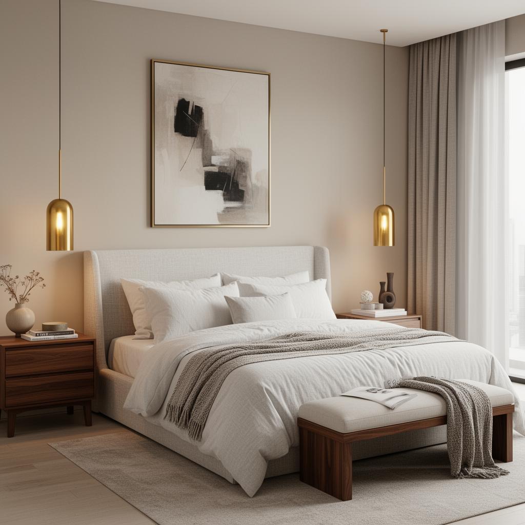 Staged luxury bedroom with linen bedding and walnut nightstand