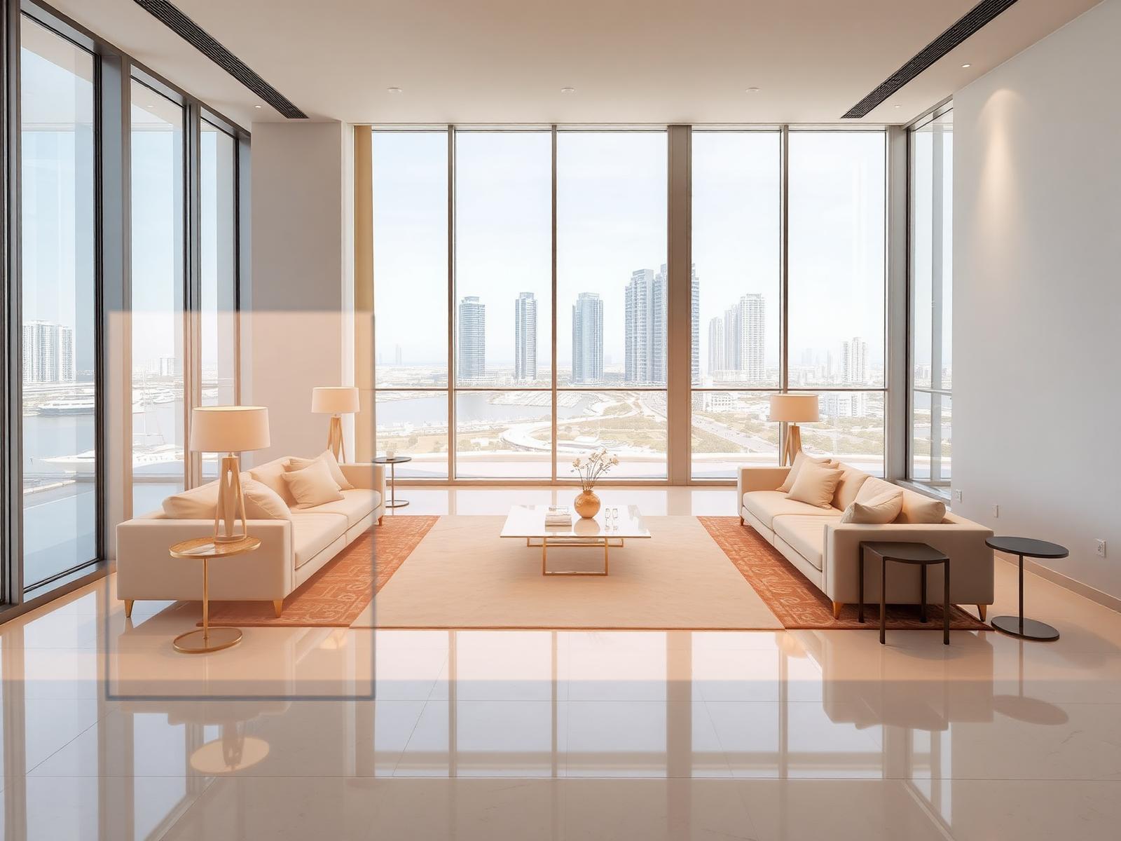 Empty Dubai apartment with translucent furniture overlay — AI visualisation