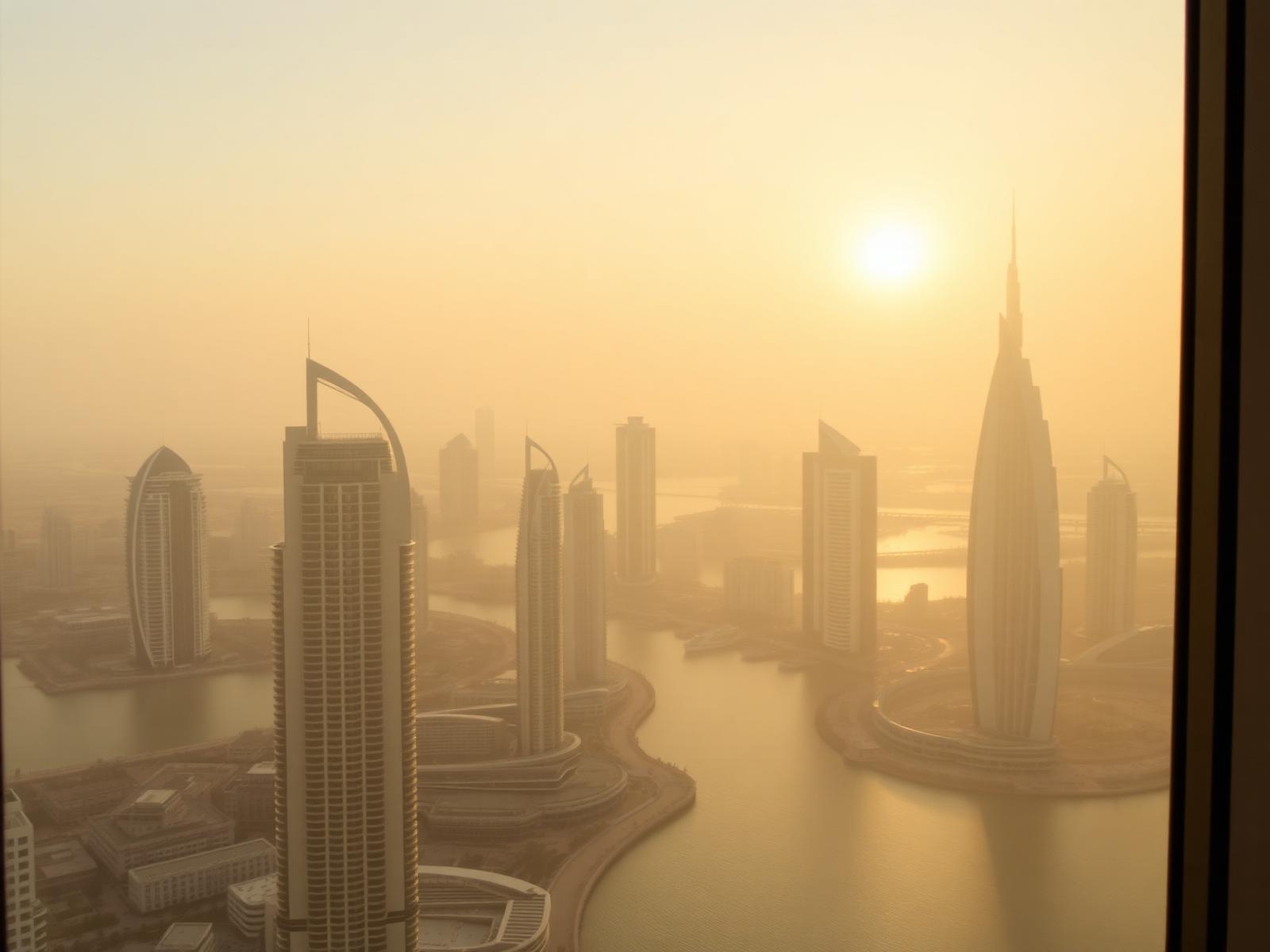 Dubai skyline and waterfront at golden hour seen from a luxury penthouse